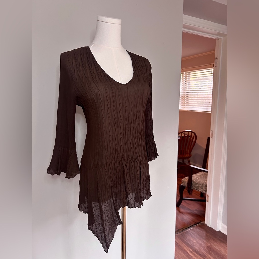 Y2K VINTAGE Brown Asymmetric Bell Sleeve Top Sheer 90s Fairy Grunge Goblin Sz M - Picture 8 of 11